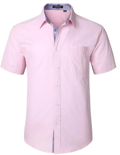 HISDERN Camisas Rosa de Manga Corta para Hombre Casuales de Verano para Hombre Camisas de Color Sólido de Negocios Corte Regular Estándar con Bolsillos, 2XL
