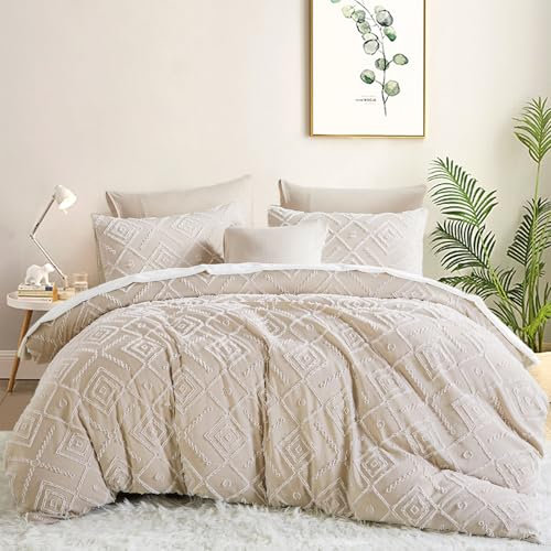 Tospass Boho Bettwäsche 135x200 4Teilig Beige Getuftet Gestreift Stickerei Bettwäsche-Sets, 2 Bettbezug 135x200 und 2 Kissenbezug 80x80 mit Reißverschluss