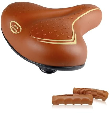 Sella marrone per Bici city bike confort - Molto comoda per uomo e donna - Taglia unica completa di morsetto - Grande seduta Brown + Coppia Manopole marroni in gomma morbida e forma ergonomica