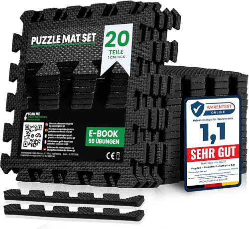 unycos - Esterilla Fitness Puzzle para Suelo de Gimnasio【30x30x1 cm】 Set de Protección de Espuma EVA, 20 Piezas, Alfombra Expandible, Tatami para Pisos | Impermeable, No Tóxica (Negro I 1,80 m²)