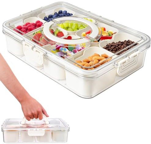 LEKEFETO Rechteck Geteiltes Serviertablett mit Deckel und Griff, Auslaufsicher Snackteller mit 8 Fächern, Gewürzlagerbehälter Geteilte Servierschale für Süßigkeiten, Nüsse, Snacks, Obst, Gewürze