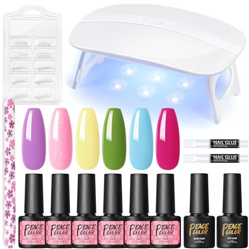 PEACECOLOR Kit Uñas Semipermanentes con Lámpara LED+U V, 6 Colores de Esmalte en Gel Rosa Amarillo Azul Verde Violeta Rosa Base y Top Coat Limas Kit Manicura Semipermanente