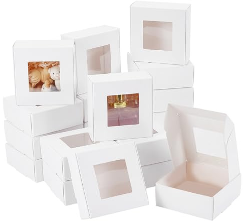 BENECREAT 28-pack 8,5 x 8,5 x 3,5 cm fyrkantiga presentaskar med klart fönster, vita bagerilådor, presentförpackningslådor för årsdagar, födelsedagar, bröllop, examen