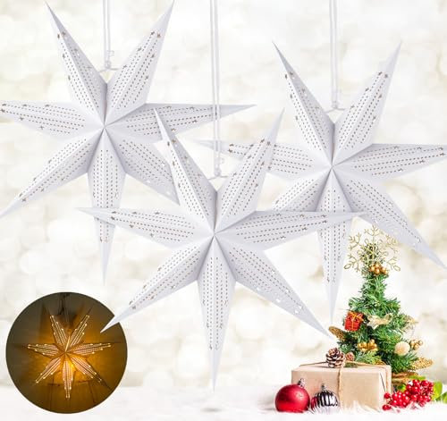 HOUISM Weihnachten Papierstern Lampenschirm, Papiersterne zum Aufhängen, Faltsterne Weihnachten Papierstern Beleuchtet, Adventsstern Fensterdeko Weiß - 3 Stück, 45cm