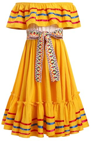 EFOGEP Vestido mexicano para niñas, vestido tradicional con volantes, con cinturón, hombros descubiertos, vestido de fiesta folclórica del Cinco de Mayo, disfraz de Halloween, carnaval, fiesta de