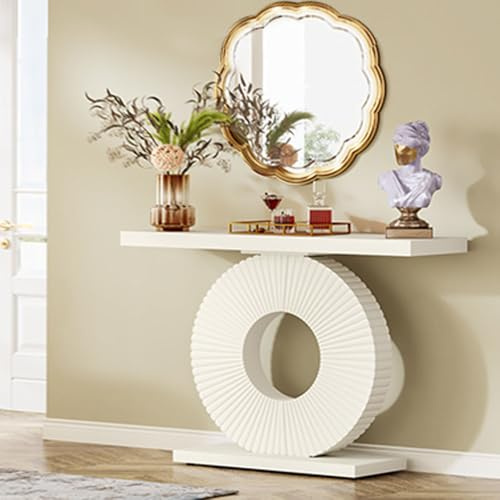 Tribesigns Mesa consola, mesa de pasillo con base redonda en forma de flor, mesas de consola y sofá | Muebles de pasillo | Mesa de entrada delgada | 100 x 30 x 79 cm (blanco crema)