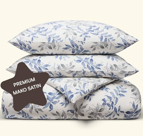 Amqua Juego de ropa de cama de satén Mako de 135 x 200 cm, diseño floral, 100 % algodón, 135 x 200 cm, incluye funda de almohada de 40 x 80 cm, diseño floral, ropa de cama de hotel 135 x 200 cm