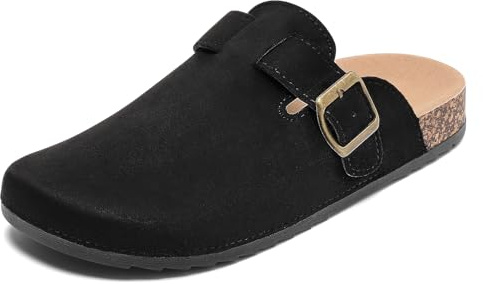 Suede Clogs Women Leather Mules Men Soft Cork Footbed Adjustable Buckle with Arch Support Closed Toe Sandals Potato Shoes Anti Slip Unisex Black