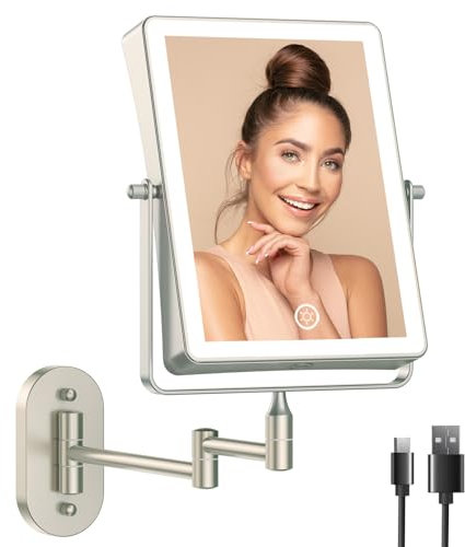 Famihomii Wiederaufladbar Kosmetikspiegel mit LED Beleuchtetung, Schminkspiegel mit 1-/10X Vergrößerung Und Touchschalter Batterie, Dimmbarer Rasierspiegel 360° Schwenkbar Wandmontage (Bronze)