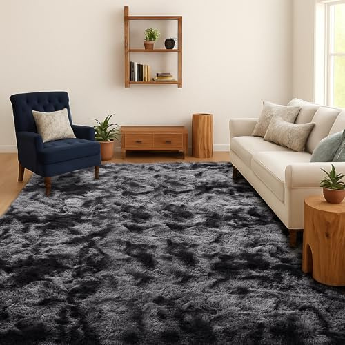 SOANNY Alfombra de Pelo Largo para Salón, Lavable Antideslizante y Suave, Diseño Tie-Dye Shaggy para Dormitorio y Habitación Infantil, Tapete para Cama, 90x150 cm, Gris Oscuro