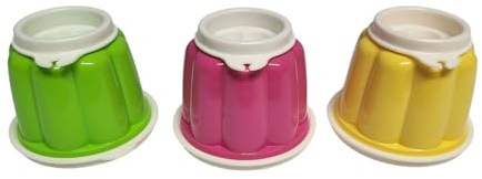 Tupperware Set di 3 stampi per budini con 2 coperchi, rotondi, per budini, gelatine, dolci, gialli, verdi, rosa