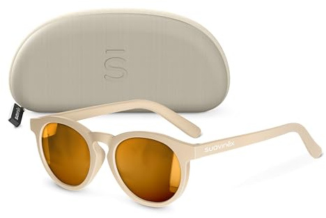 Suavinex, Lunettes de Soleil pour Bébés 0 à 12 Mois, Lunettes Polarisées avec filtre UV 400, 100% Protection UVA et UVB, CAT 3, avec Étui, Très Flexibles et Légères, Forme Ronde, Couleur Beige