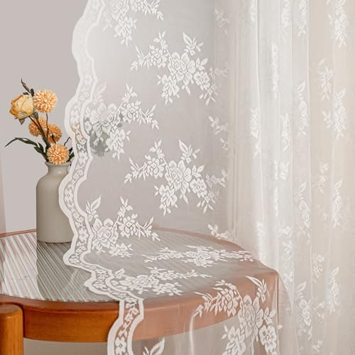 Mysky Home gardiner av spets Blomsterbestickta spetsgardiner, gardiner med veckband Transparenta gardiner i set om 2 stycken, spetsgardiner för vardagsrum sovrum, elfenbensvit, H 145 x B 140 cm.