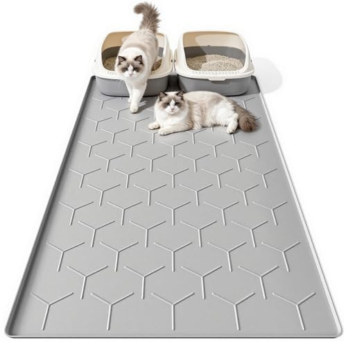 Bulkniu Silicone XL Cat Litter Mat, 28X40, Raised Edge Waterproof, Grey