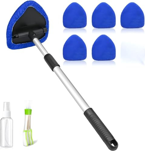 8-Piece Car Cleaning Kit, Car Window Cleaner with Extendable Handle, Reusable Microfiber Window Wipes, Spray Bottle & Detail Brush, Interior Car Glass Cleaner Tool Set for Windscreens & Mirrors