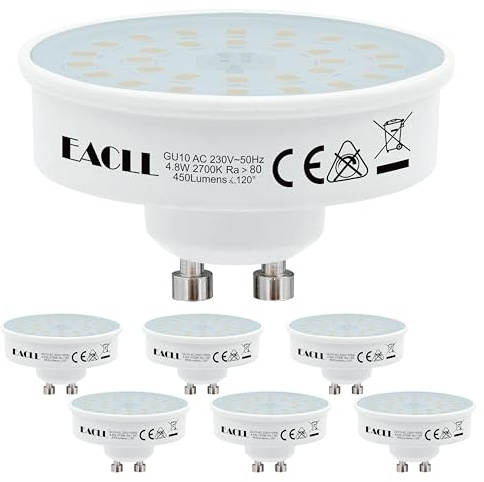 EACLL Bombillas LED Ultra Delgadas GU10 Blanco Cálido, 4.8W Equivalente 65W Halógeno, Pack de 6, 2700K, 450lm, AC 230V sin Parpadeo, Ø50xH30mm Para Focos Empotrables, Ancho haz de 120 °, No Regulable