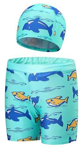 kitcorn Maillot de Bain Garcon avec Bonnets de Bain Short de Bain Anti UV Enfant pour Piscine Plage,Bleu Turquoise,L