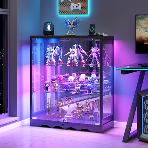 TAGELIER Glasvitrine Stehend mit LED Beleuchtung – Klein Vitrinenschrank mit Schloss und verstellbaren Regalen Sammlervitrine, 3-stufige Abschließbar Vitrine, Schwarz