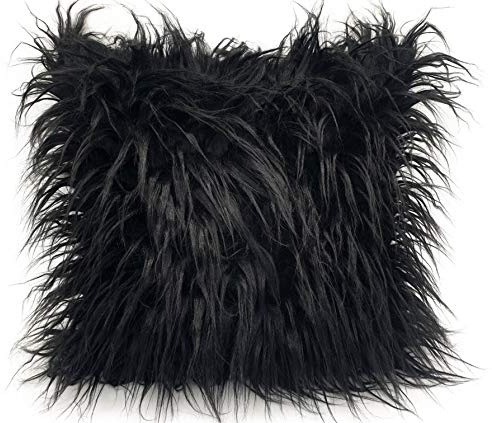 cushion mania Faux Fur Cushion Cover – Ultra Soft Fluffy Plush Throw Pillow Case, Luxury Shaggy Decorative Sofa Cushion Cover for Living Room & Bedroom (Black, 17x17 Filled Cushion)