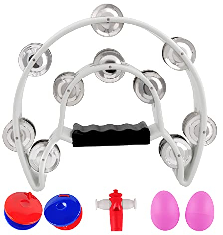 EASTROCK Tambourine Half Moon Tamburin,Hand Halbmondförmiges Schellenring mit 20 verchromte Schellen für Anfänger,Anfänger.Schlaginstrument Musik Zweireihige Metall Jingles für KTV Party(Doppel,Weiß)