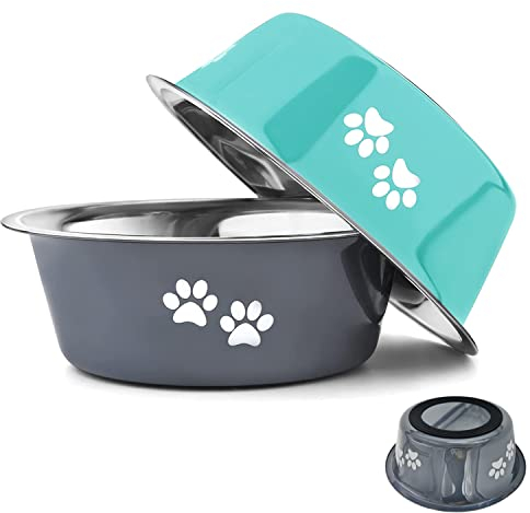 YUDANSI Hundenäpfe 2 Stück, mittelgroße und große Hunde Futternapf, Fütterung Wassernapf mit Rutschfester Silikonsohle, Edelstahl erhöhter Fressnapf (Grün grau, Ø 23 cm, 2020ml)