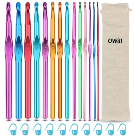OWill 24 Stück häkelnadel set,14 Größen 2mm-10mm Häkelnadel aus bunt Aluminium mit 10 Markierungsnadel,Ergonomische häkelnadeln Crochet Set für Anfänger und arthritische