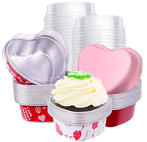 60 Pcs Heart Shaped Cake Pans with Lids, Aluminum Mini Cake Pans, 3.4 Oz/ 100ml Foil Disposable Flan Pan Cupcake Tins Baking Pan for Valentine's Mother's Day Party (White, Red, Pink, Red Heart, 60)