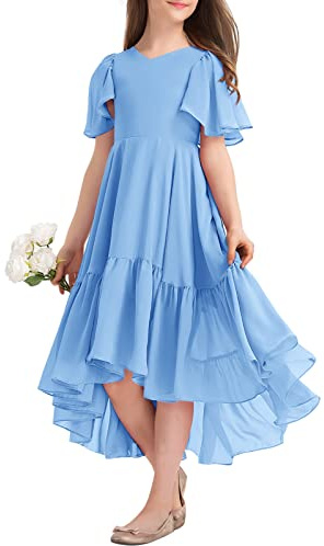 Girls Ruffle Dresses Casual A Line V Neck Short Sleeve Flowy High Low Long Maxi Junior Bridesmaid Party Dress Blue