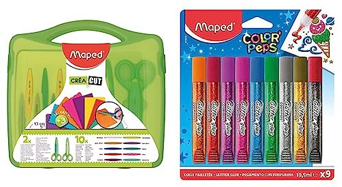 Maped - Coffret Ciseaux Cranteurs pour Découpe Créative - Mallette avec 2 Paires de Ciseaux + 10 Lames Interchangeables & Color'Peps Tubes de colle Pailletées - 9 Tubes de 10.5 ml Coloris Assortis