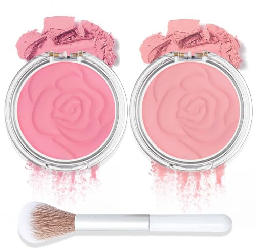 2PCS Pink Blush Palette, Peach Blushers for Cheeks Make up, Powder Blusher Set Matte Natural Long Lasting Brighten Light Pink Highly Pigmented Skin Tint Blushes with Brush