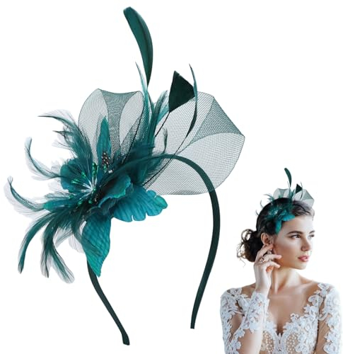 Prom Stirnband Retro Teeparty Fascinator Hut Hut Stirnband Faux Flowers Feather Mesh Hair Accessories Wedding Hochzeiten Partys für Mädchen und Frauen (Grün)