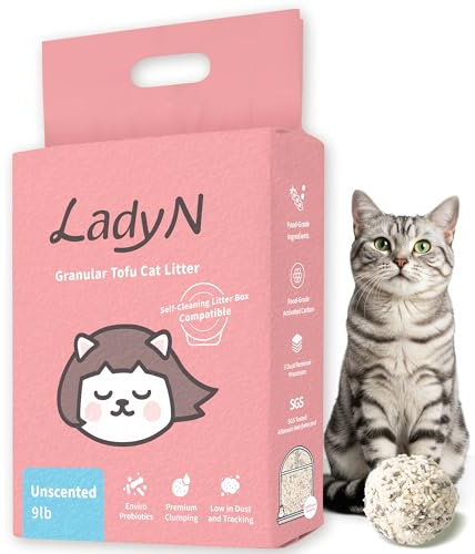 Lady N Granular Tofu Cat Litter Mini-Pellet Compatible with Automatic Self Cleaning Cat Litter Box, Strong Clumping, Low Dust, Odor Control Activated Charcoal 9lb