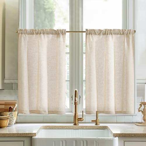 Vangao Enfärgade fönstergardiner moderna kök natur linneutseende gardiner kort bistrogardin set om 2 65 B x 90 H cm ljusgenomsläppliga köksgardiner med stänger, lantställe husvagn, vardagsrum, beige