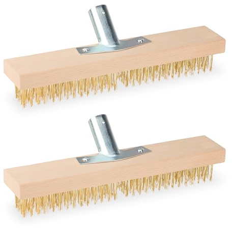 Relaxdays 2 Cepillos de Alambre Acero, Escoba Eliminar Musgo, Malas Hierbas y Suciedad, Jardín y Patio, Natural/Dorado, Madera, 10,5 x 30 x 6 cm