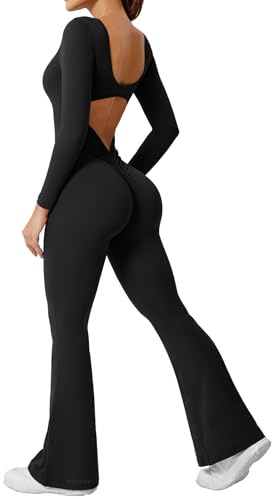 YEOREO One Piece Wide Leg Jumpsuits for Women Workout Long Sleeve Backless Flare Jumpsuit Lizvette Scrunch V Back Yoga Romper Black XS