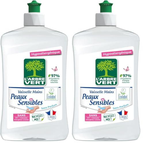 L'Arbre Vert Vaisselle Mains Ecolabel Peaux Sensibles - Hypoallergénique - 97% d'ingrédients d'origine naturelle - 500mL (Lot de 2)