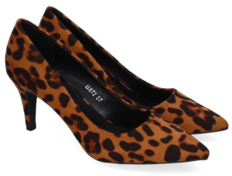 87746 Zapato de Salon con Tacon de Mujer, Estampado Animal Print, Diseno Elegante y Punta Fina. Leopardo Talla 36