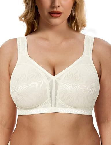 WingsLove Women's Full Coverage Plus Size Everyday Bra Minimizer Wireless Non Padded Wide Straps Comfort and Support for Large Bust(Ivory, 38F)