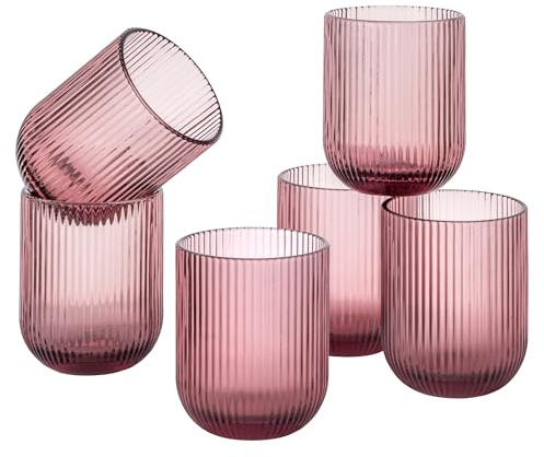 Baroni Home Set 6 pz di Bicchieri in Vetro Colorati e Decorati con Righe in Rilievo 30 CL, Bicchieri Eleganti Lavabili in Lavastoviglie, 8x8x10 cm, Rosa