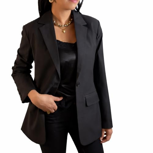 Madwin Blazer Femme Noir – Veste de Bureau Élégante à Coupe Droite Fluide et Ample – Chic, Confortable, avec Doublure Intérieure et Deux Poches Fonctionnelles – Tailles M
