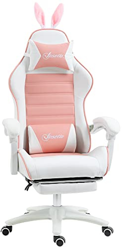 Vinsetto Sedia Gaming Ergonomica con Orecchie da Coniglio, Poltrona Gaming con Poggiapiedi Estraibile, Cuscino Lombare e Poggiatesta, Reclinabile e Altezza Regolabile, Rosa