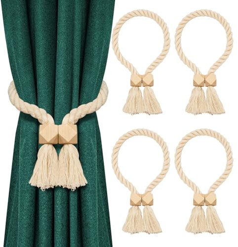 4 Stück Raffhalter für Vorhänge Magnetische Raffhalter Gardinen aus Holz Handgewebter Vorhang Raffhalter Boho Gardinenhalter Vorhanghalter – Geeignet für Gardinendeko zu Hause und im Büro