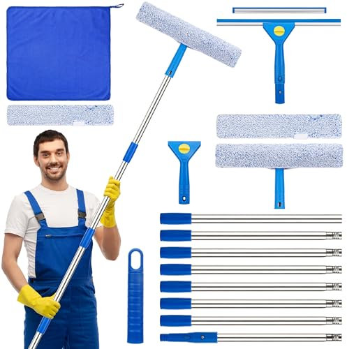 Puciuua 3M Window Cleaning Kit, Window Squeegee Cleaner Tool Kit with Long Handle, Glass Cleaning Tools with Silicone Squeegee & Microfiber Scrubber for High Windows, Shower Glass, Car (Blue)