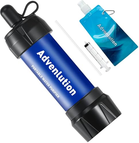 Advenluton Personal Water Filter Straw -Portable Mini Water Filtration System for Camping, Hiking,Travel, Outdoors Survival,Emergency Use - Includes Squeeze Pouch,Drinking straw&Cleaning Plunger
