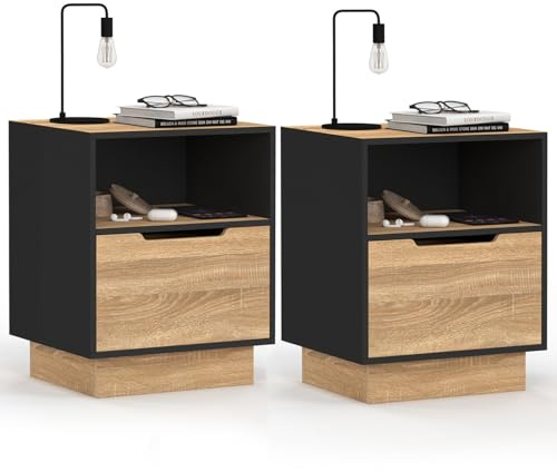 IDMarket - Lot de 2 Tables de Chevet OXANA façon hêtre et Noir