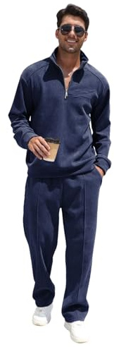 amropi Uomo Tuta in Velluto a Coste Felpa Foderati in Pile con Cerniera e Pantaloni Sportiva Set Marina, M
