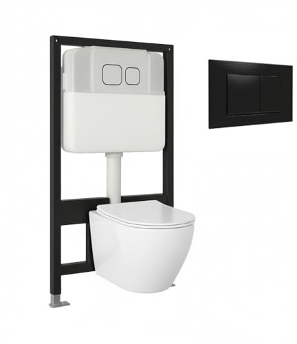 BAIKAL Inodoro Suspendido + Bastidor. WC en Blanco Brillo. Cisterna empotrada con Pulsador Negro. Bastidor independiente. Sanitario con Cierre Amortiguado y Sistema Rimless.