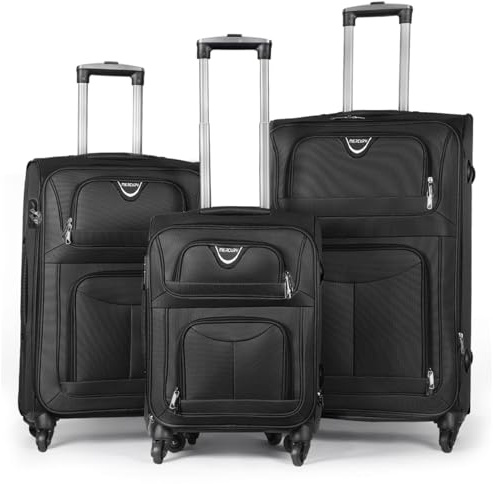 MERCURY TEXTIL - Juego de Maletas 3pcs de Tela con 4 Ruedas Giratorias 360°, Expandible (Cabina, Mediana y Grande), con Cierre de Seguridad - Ideal para Viajes y Vacaciones (Negro)