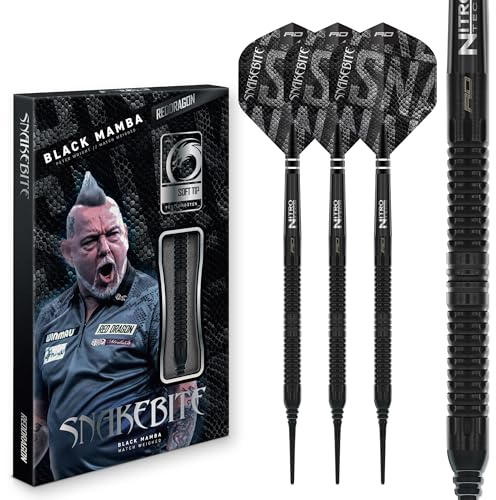 RED DRAGON Darts - Jugador profesional – Peter Wright 'Snakebite' | Black Mamba Series Barril de 18 g/20 g de peso completo | Juego de dardos profesionales de punta suave de 90% tungsteno – Incluye
