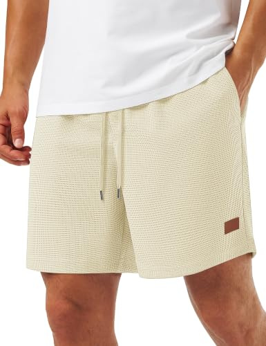 TACVASEN Mens Shorts Casual Waffle Sports Running Gym Training Sweat Shorts Elastic Waist Drawstring Summer Beach Jogging Short, White, L